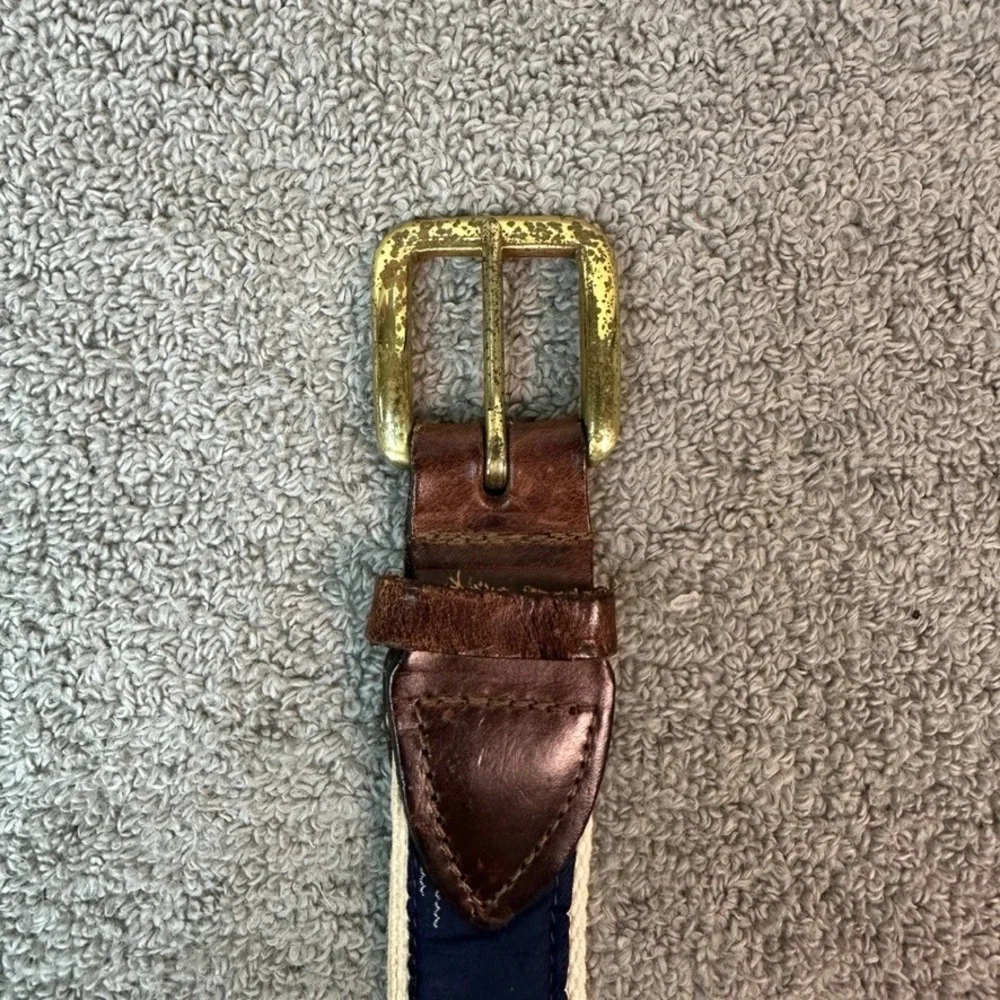 Polo Ralph Lauren Canvas Leather Belt Brown Cream Nautical Embroidered Men 38